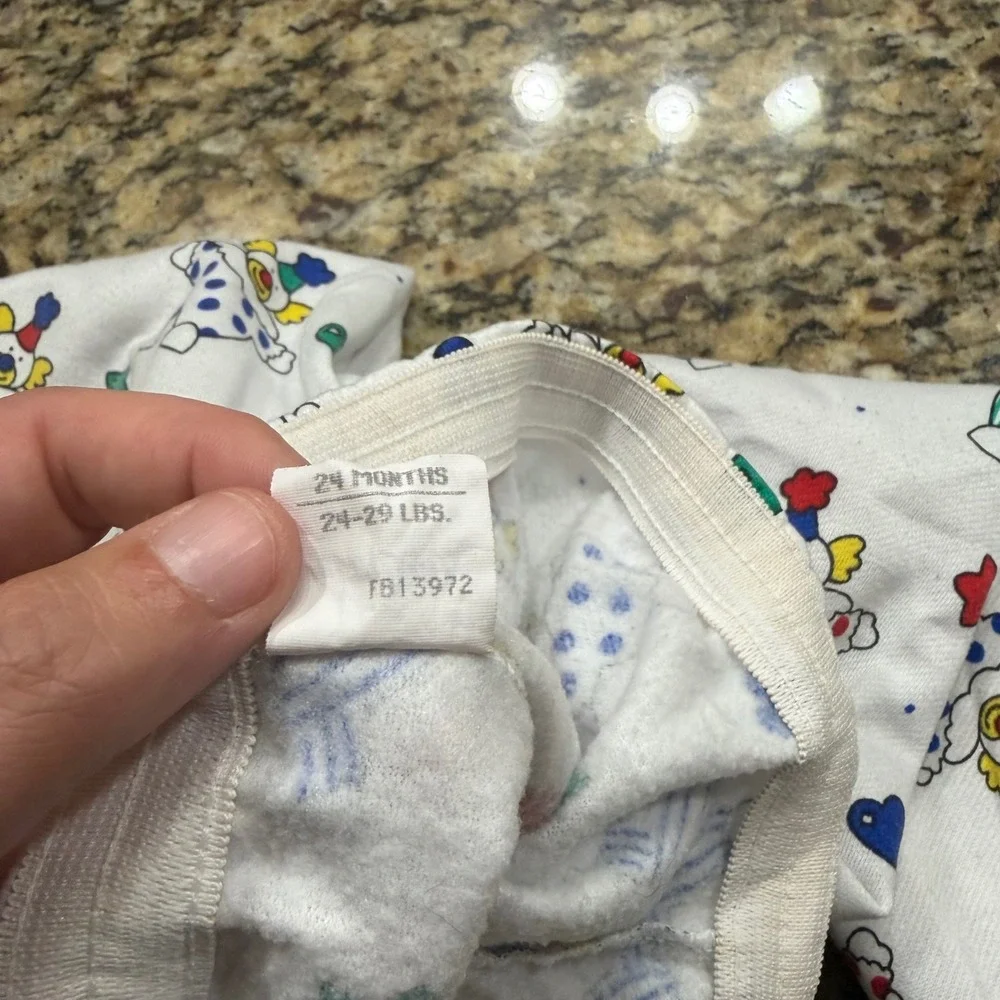 Vintage Carters Clown Print Footed Pajama Pants White 24 Months Made in USA